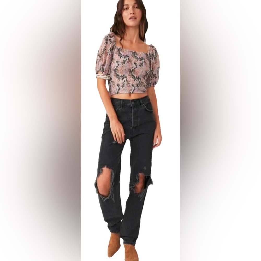 NWT FREE PEOPLE Back On Top Pink Beige Floral Smocked Crop Top W/Tie Back Medium